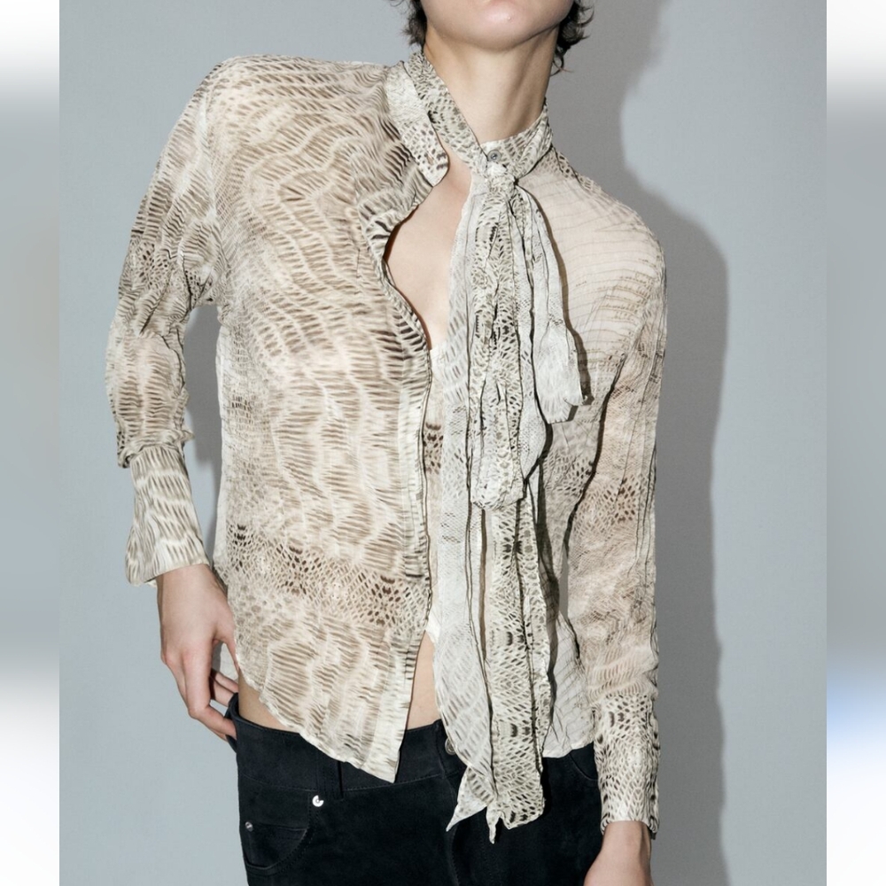 Zara Snakeskin Print Button Shirt Womens M Cream Black Boho Retro 90s Y2K Casual